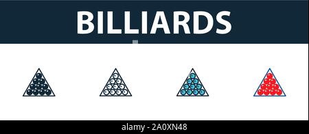 Billard Jeu d'icônes. Quatre symboles simples dans diférents styles à partir d'équipements de sport icons collection. Billard créatif rempli d'icônes de couleur, Contours, Illustration de Vecteur