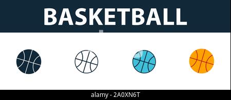 Basket-ball jeu d'icônes. Quatre symboles simples dans diférents styles à partir d'équipements de sport icons collection. Basket-ball créatif rempli d'icônes de couleur, Contours, Illustration de Vecteur