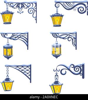Vintage jeu de lanternes luminescents rue couverte de neige, suspendu à un consoles décoratives isolé sur fond blanc. Vector Illustration de Vecteur