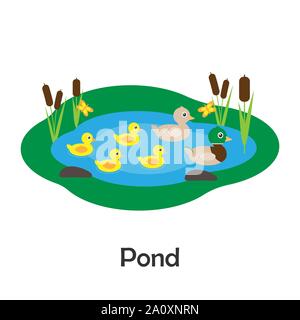 Étang avec des canards dans un style cartoon, étang carte pour enfant d'âge préscolaire, activité pour enfants, vector Illustration de Vecteur