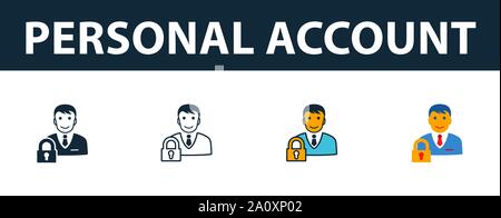 Compte personnel icon set. Quatre symboles simples dans diférents styles à partir de la collection d'icônes. Compte personnel créatif, rempli d'icônes et de couleur, contours Illustration de Vecteur