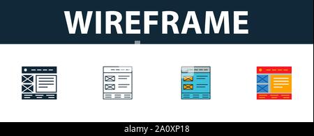 Wireframe icon set. Quatre symboles simples dans des styles différents de développement web icons collection. Wireframe créatif rempli d'icônes de couleur, Contours, Illustration de Vecteur