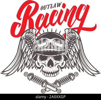 Outlaw racing. Modèle avec emblème crâne dans racer casque. L'élément de conception de logo, affiche, étiquette, signe, d'un insigne. Vector illustration Illustration de Vecteur