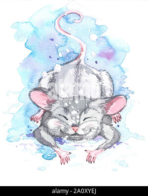 Aquarelle de Noël souris. Nouvelle année, POSTMAN, symbole de l'année, 2020 carte postale. Banque D'Images