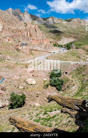 Dogubayazıt, Turquie : vue depuis la terrasse de la chambre de l'Oriel Ishak Pasha Palace, détails de la des poutres composées par human, lion et l'aigle Banque D'Images