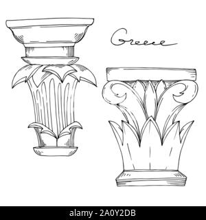Un vecteur des colonnes grecques. Gravée en noir et blanc L'art de l'encre ancienne élément illustration isolé sur fond blanc. Illustration de Vecteur