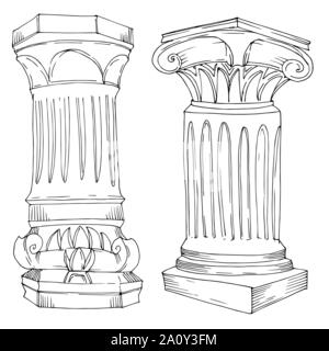 Un vecteur des colonnes grecques. Gravée en noir et blanc L'art de l'encre ancienne élément illustration isolé sur fond blanc. Illustration de Vecteur