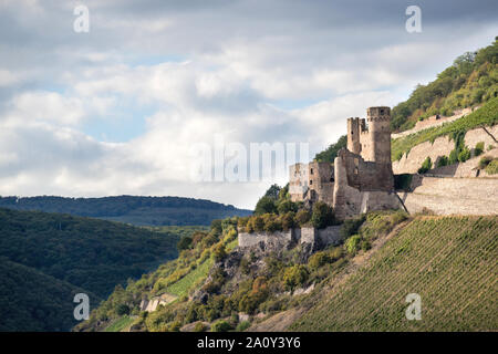 Le Château d'Ehrenfels, un château en ruine au-dessus des gorges du Rhin, près de la ville de Rüdesheim am Rhein en Hesse, Allemagne. Banque D'Images