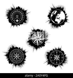 Ensemble de différents éléments grunge noir et blanc symboles de carte du monde, rose des vents, cadran solaire, horloge et cercle scandinave Illustration de Vecteur