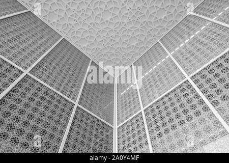 Plafond de Verre et surround avec motif géométrique au jardin de tranquillité, simple cour à l'islamique centre Aga Khan, Kings Cross, London UK. Banque D'Images
