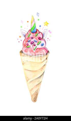 Illustration tirée par l'aquarelle la crème glacée confiseries dans une gaufre tasse sur fond blanc fond isolé Banque D'Images