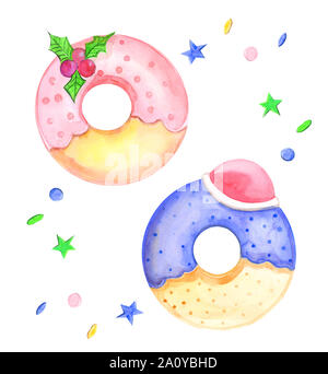 Illustration aquarelle peint rond pâtissier donuts avec des remplissages sur fond blanc fond isolé Banque D'Images