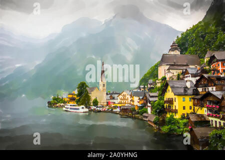 Hallstatt, Autriche. Village de montagne dans les Alpes autrichiennes - style Aquarelle. Banque D'Images