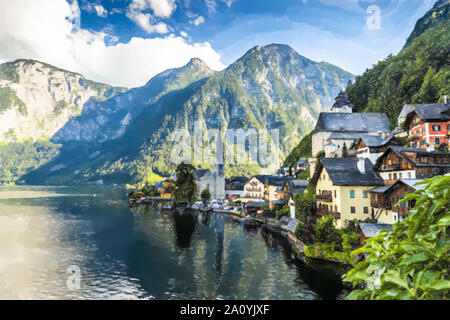 Hallstatt, Autriche. Village de montagne dans les Alpes autrichiennes - style Aquarelle. Banque D'Images