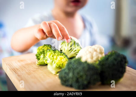 Baby Boy mains touchent et prendre le brocoli et le chou-fleur frais de planche de bois à l'intérieur. bébé à la découverte de légumes Banque D'Images