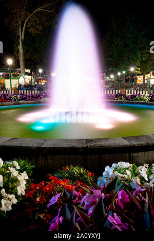 Le seigle, New York - 30 août 2019 : la belle fontaine de Rye Playland la nuit figée dans le temps. Banque D'Images