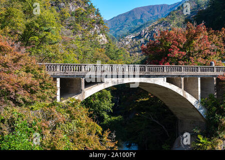 Pont Nagatoro, un vieux pont en entrée de Shosenkyo Tenjinmori. Feuillage d'automne en vue de paysages ensoleillés. De beaux paysages de magnifique Banque D'Images