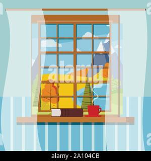 Vector illustration de châssis de fenêtre en vue de l'automne avec livre fermé, tasse avec du café chaud ou un thé et des rideaux de style plat. Illustration de Vecteur