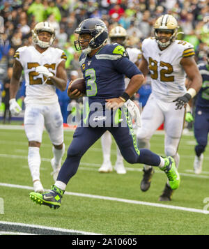 Seattle, USA. 22 Sep, 2019. Seattle Seahawks quarterback Russell Wilson (3) s'exécute en 8 verges au cours du quatrième trimestre à champ CenturyLink le Dimanche, Septembre 22, 2019 à Seattle, Washington. New Orleans Saints battre les Seattle Seahawks 33-27. Photo par Jim Bryant/UPI UPI : Crédit/Alamy Live News Banque D'Images