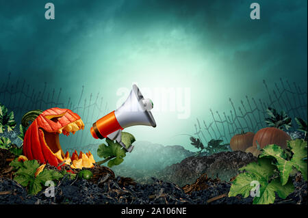 Dans un contexte de promotion de l'Halloween nuit creepy comme arrière-plan de feuilles de citrouille zombie avec les nouvelles armes tenant un mégaphone annonce un automne festif. Banque D'Images