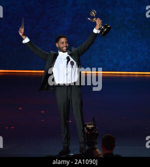 Jharrel Jerome accepte l'acteur principal en suspens, série limitée ou TV Film Award pour 'quand ils nous voient" sur scène lors de la 71e assemblée annuelle Primetime Emmy Awards lors du Microsoft Theatre dans le centre-ville de Los Angeles le Dimanche, Septembre 22, 2019. Photo par Jim Ruymen/UPI Banque D'Images