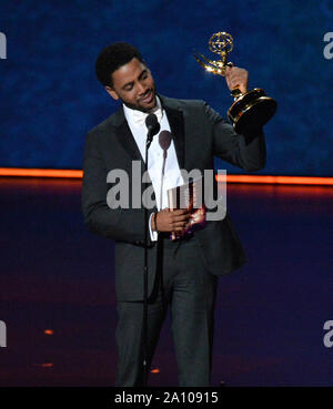 Jharrel Jerome accepte l'acteur principal en suspens, série limitée ou TV Film Award pour 'quand ils nous voient" sur scène lors de la 71e assemblée annuelle Primetime Emmy Awards lors du Microsoft Theatre dans le centre-ville de Los Angeles le Dimanche, Septembre 22, 2019. Photo par Jim Ruymen/UPI Banque D'Images