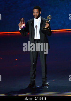 Jharrel Jerome accepte l'acteur principal en suspens, série limitée ou TV Film Award pour 'quand ils nous voient" sur scène lors de la 71e assemblée annuelle Primetime Emmy Awards lors du Microsoft Theatre dans le centre-ville de Los Angeles le Dimanche, Septembre 22, 2019. Photo par Jim Ruymen/UPI Banque D'Images