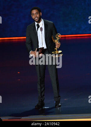 Jharrel Jerome accepte l'acteur principal en suspens, série limitée ou TV Film Award pour 'quand ils nous voient" sur scène lors de la 71e assemblée annuelle Primetime Emmy Awards lors du Microsoft Theatre dans le centre-ville de Los Angeles le Dimanche, Septembre 22, 2019. Photo par Jim Ruymen/UPI Banque D'Images