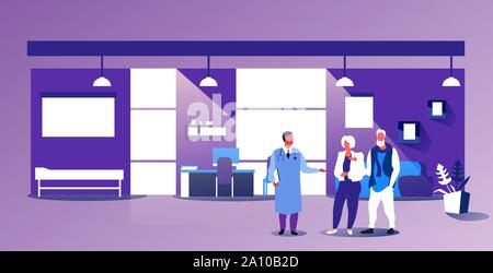 Couple senior female doctor giving en consultation médicale et prescription pour homme femme mature de la santé patients hôpital moderne concept Illustration de Vecteur