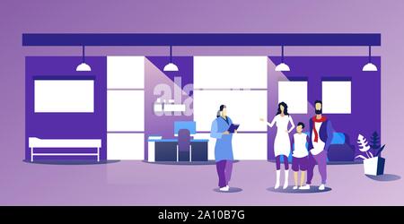 Les parents avec enfant visiter femme médecin de famille donnant ordonnance pour les patients de consultation médicale de soins moderne concept office interior Illustration de Vecteur