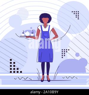 Waitress holding professionnel tasses de café ou de thé sur le plateau african american woman restaurant travailleur dans un tablier qui sert des boissons chaudes toute la longueur croquis Illustration de Vecteur