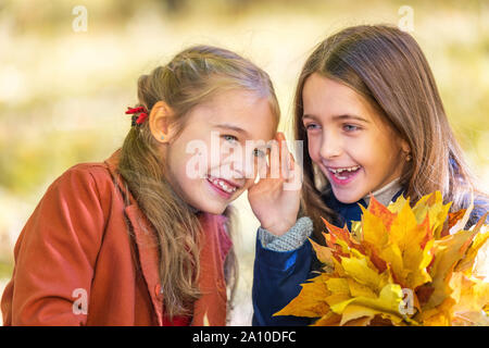 Deux cute smiling 8 ans filles discutent dans un parc sur une journée ensoleillée d'automne. Banque D'Images