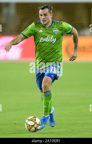 Washington, DC, USA. 22 Sep, 2019. 20190922 - Seattle Sounders en avant la Jordanie Morris (13) avances la balle à l'intérieur de la D.C. United la moitié au cours de la seconde moitié du champ d'Audi à Washington. Credit : Chuck Myers/ZUMA/Alamy Fil Live News Banque D'Images