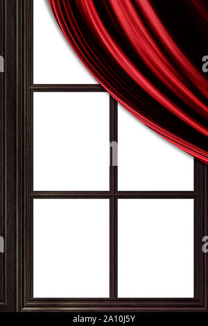 Châssis de fenêtre en bois grunge décoratif rideau rouge avec illustration. Banque D'Images