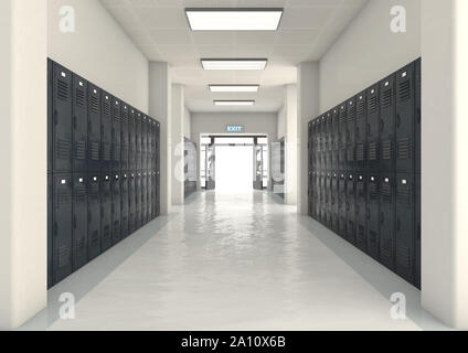 Un regard vers le bas un couloir bien éclairé de casiers d'école vers une porte d'entrée ou de sortie - 3D render Banque D'Images