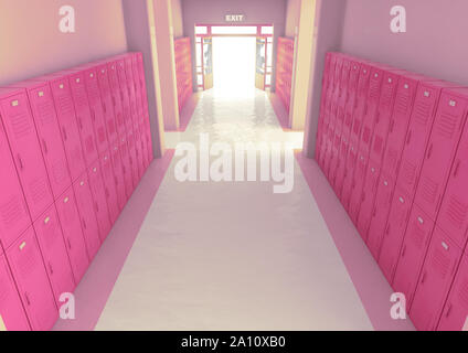 Un regard vers le bas un couloir bien éclairé des casiers d'école rose vif vers l'ouverture de la porte d'entrée ou de sortie - 3D render Banque D'Images