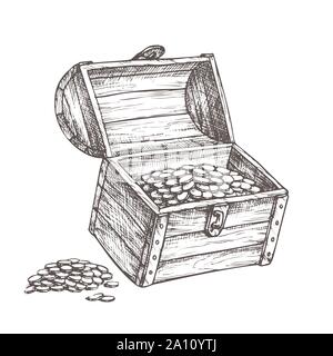 Coffre de trésor des piles de pièces autour du vecteur d'encre Illustration de Vecteur