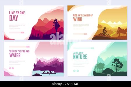 Journée de repos Sport brochure vector set de cartes. Tourisme sur le modèle de la nature des flyear, bandeaux web, en-tête de l'interface utilisateur, entrez le site web. Concept d'invitation l'arrière-plan. Illustration modèle slider moderne Illustration de Vecteur