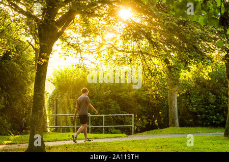 Aberystwyth, Pays de Galles, Royaume-Uni. Sept 23, 2019. Météo France : un homme marchant dans Plascrug Avenue à l'aube par un beau matin ensoleillé et Equinox, le 23 septembre 2019, le premier jour de l'automne dans l'hémisphère nord. Aujourd'hui, la durée du jour et nuit sont égaux de l'hoplostète. Crédit photo : Keith morris/Alamy Live News Banque D'Images