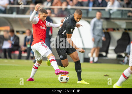 Frankfurt, Deutschland. 19 Sep, 2019. Lucas TORREIRA (gauche, ARS) versus Djibril SOW (F), l'action, les duels, le soccer de la Ligue Europa, groupe F, Groupe, journée 1, l'Eintracht Francfort (F) - Arsenal London (EI), 19/09/2019 à Francfort/Allemagne. Utilisation dans le monde entier | Credit : dpa/Alamy Live News Banque D'Images