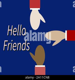 Différentes races amis saluent. Les hommes tiennent les bras vers. Texte - Bonjour ami. Concept d'approbation, l'accord, la réconciliation, teamwo Illustration de Vecteur