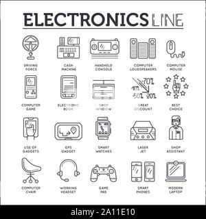 Ensemble d'electronics fine ligne Icones, Logos isolé sur blanc. L'utilisation de gadgets dans la vie de tous les contours des pictogrammes collection. Les technologies modernes des éléments de vecteur pour l'infographie, web. Illustration de Vecteur