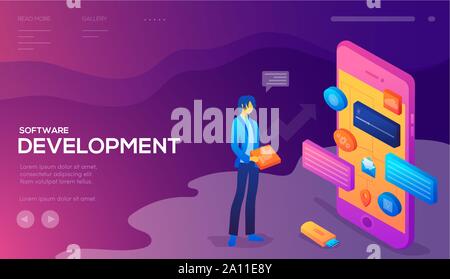 Ensemble de social media marketing, analyse de données, applications de gestion, conseil, projet d'entreprise. Vector illustration pour site mobile et le développement de site web. Web page design moderne Illustration de Vecteur