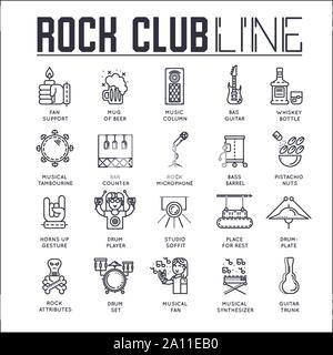 Ensemble de rock club fine ligne d'icônes sur blanc. Festival de musique et de l'environnement décrivent les attributs de pictogrammes collection. Fans, instruments de musique et de l'alimentation en bar éléments du vecteur pour l'infographie, web. Illustration de Vecteur