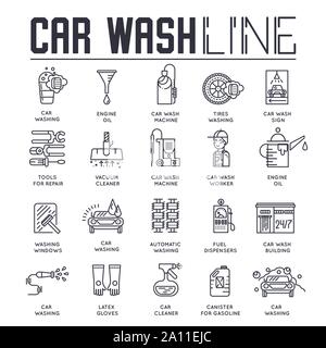 Ensemble de lavage de voiture et des services de réparation fine ligne Icones, Logos isolé sur fond blanc. Le nettoyage et le lavage auto pictogrammes contour collection. Éléments de vecteur pour l'infographie, web. Illustration de Vecteur