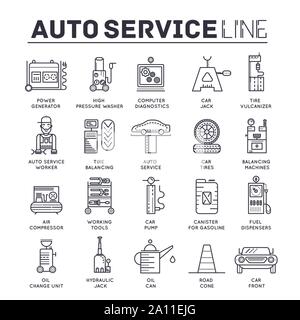 Ensemble de service auto fine ligne icônes isolé sur blanc. Contours d'outils de travail et de mécanicien automobile parts pictogrammes collection. Logos de garage. Agences d'éléments du vecteur pour l'infographie, web. Illustration de Vecteur