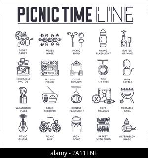 Ensemble d'icônes de ligne mince temps pique-nique isolé sur blanc. Week-end d'activités récréatives de plein air contours pictogrammes collection. Les aliments et les activités de logos. Éléments du vecteur de barbecue pour l'infographie, web. Illustration de Vecteur