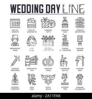 Ensemble de la célébration de la journée de mariage fine ligne d'icônes sur blanc. Cérémonie de mariage, la nourriture, les boissons contours pictogrammes collection. Décoration nuptiale et attributs d'élément du vecteur pour l'infographie, web. Illustration de Vecteur