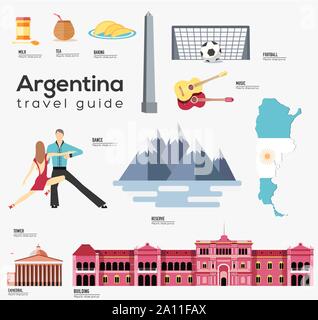 Modèle de guide de voyage. Ensemble de monuments de l'Argentine, de l'alimentation télévision icônes, pictogrammes sur blanc. Attractions touristiques et culturelles des éléments de vecteur symbole touristique de l'infographie, web. Illustration de Vecteur