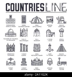 Ensemble de sites touristiques de tous les pays du monde fine ligne icônes isolé sur blanc. Aperçu de l'architecture célèbre collection de pictogrammes. Sites d'éléments du vecteur pour l'infographie, web. Illustration de Vecteur